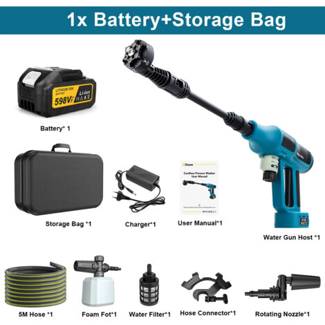 Pistolet de lavage haute pression électrique sans balais Gisam 250 bars, 4 vitesses, pour le lavage domestique et automobile, compatible avec batterie Makita 18V-1 Battery 1 Plug (1/5)