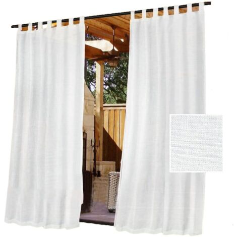 Lot de rideaux d’extérieur aspect lin naturel – semi-transparents imperméables – 2 panneaux pour usage jardin et intérieur (Blanc blanchi-132×241cm)
