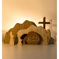 Scène de la Résurrection de Pâques - Tombeau Vide avec Figurines et Croix en Bois - Décoration Religieuse pour Maison et Bureau