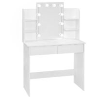 Bureau de maquillage avec miroir LED – 2 tiroirs – 4 rangements – 90×40×125 cm – Coiffeuse chambre
