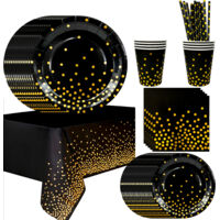 Deco Anniversaire Vaisselle kit Noire Or 121pcs,Décoration de Fête Noire Or