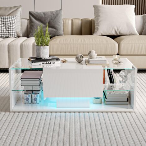 Table basse de salon brillante avec 1 tiroir, éclairage LED, rangement ouvert, niches verre, 100 x 50 x 35 cm - Blanc