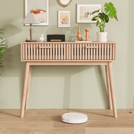 Fortuna Lai – Console en bois massif 100 cm avec 2 tiroirs – Dimensions 100 x 35 x 80 cm – Style naturel pour entrée ou bureau – Marron (1/5)