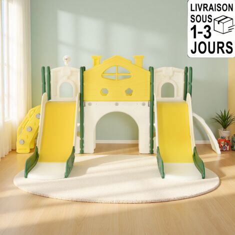 Toboggan enfants 7 en 1 - avec double toboggan, panier de basket, aire de jeux pour enfants, convient pour une utilisation intérieure et extérieure - Jaune