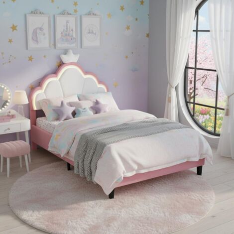 Lit fille 90 x 200 cm avec sommier en bois massif, lit princesse, tête de lit couronne, tissu Sherpa, éclairage LED - Rose