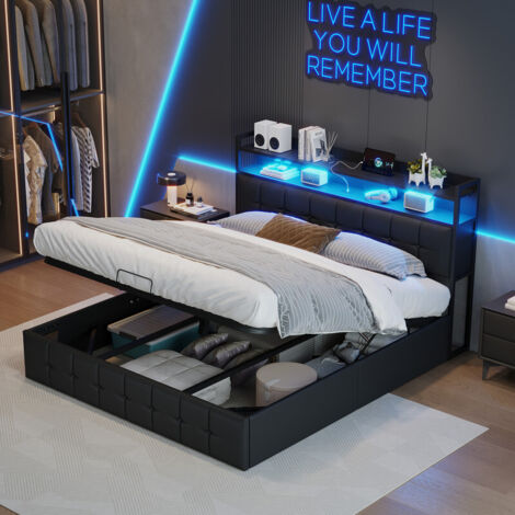 Lit coffre 140x190 cm avec sommier, lit double adulte, Éclairage LED, tête de lit ouverte, rangement, 2 ports USB/C, structure métallique - PU - Noir