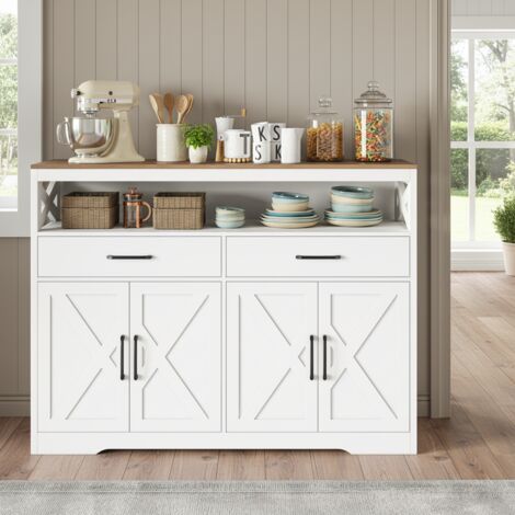 Fortuna Lai – Buffet style campagnard 140x40x105 cm – 2 portes et 2 tiroirs – Rangement ouvert avec étagères réglables – Blanc (1/5)
