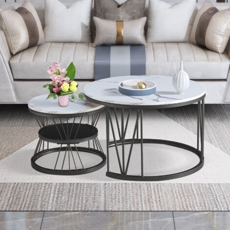 Lot de 2 tables basses gigognes, table ronde, plateau en marbre, pied en fer forme en V, pour salon, chambre, D70x45+D45x40cm noir