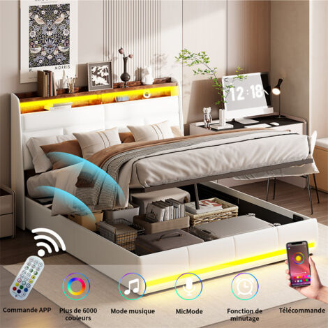 Fortuna Lai – Lit coffre 160x200cm – Lit double avec sommier à lattes – Tête de lit à étagère – Cuir PU blanc – Éclairage LED