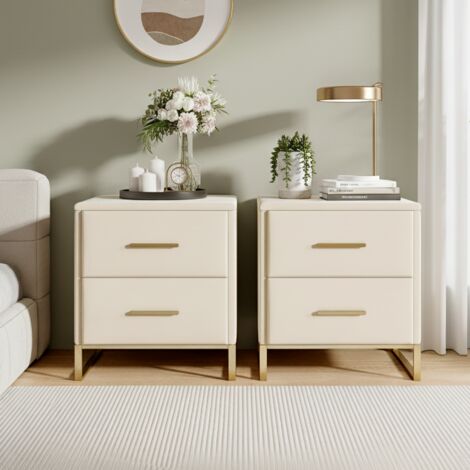 Lot de 2 Table de chevet 2 tiroirs, piètement en métal doré, tissu velours, style scandinave, table d'appoint - Beige