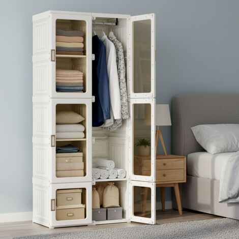 Fortuna Lai – Armoire chambre 6 portes – 7 compartiments – Portes transparentes en PET – Dimensions 69 x 50 x 170 cm – Rangement compact moderne