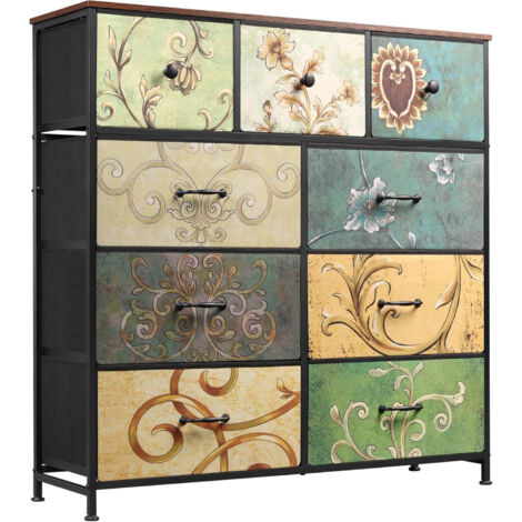 Commode 9 Tiroirs 100x30x100cm - Cadre en Métal, Tiroirs avec Poignées en tissu - Motifs Rétros - Noir (1/5)