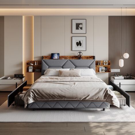 Lit adulte 160x200 cm avec 4 tiroirs, sommier à lattes, double étagères ouvertes, 4 ports USB, tête de lit rangement, structure métal - Gris (1/5)