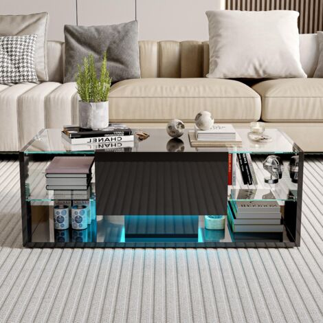 Table basse de salon brillante avec 1 tiroir, éclairage LED, rangement ouvert, niches verre, 100 x 50 x 35 cm - Noir