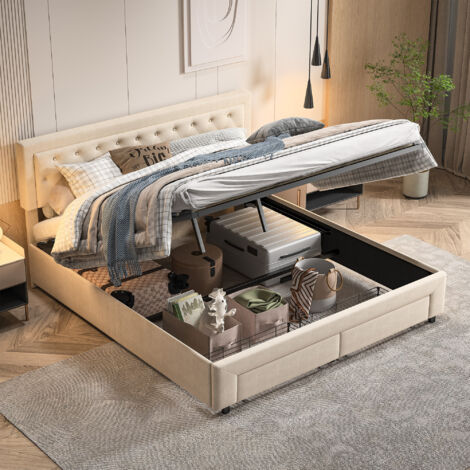 Fortuna Lai – Lit coffre 180x200 cm avec rangement – 2 tiroirs – Velours beige – Sommier à lattes en bois massif – Style scandinave – Lit double adulte (1/5)