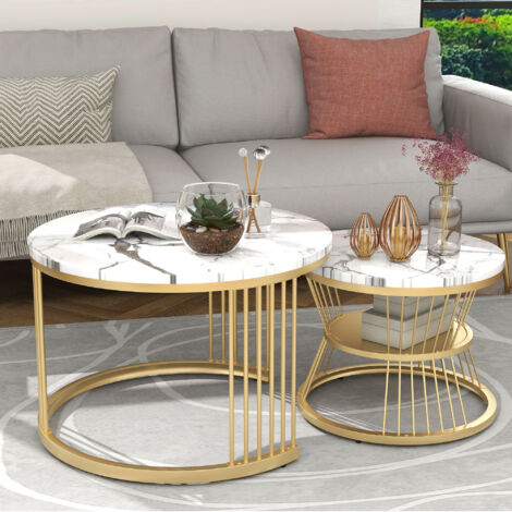 Fortuna Lai – Lot de 2 tables basses gigogne rondes – Motif marbre brillant – Cadre métal doré – Dimensions 70x70x45 cm et 45x45x40 cm – Pour petits espaces