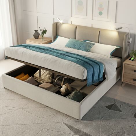 Fortuna Lai – Lit coffre 160x200 cm – Sommier en bois massif – Tête de lit avec liseuse et port USB – Rangement XXL – Revêtement lin beige