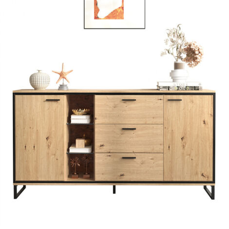 Fortuna Lai – Buffet LED 160x40x85cm avec 3 tiroirs et 2 portes – Panneaux de particules – Design moderne avec éclairage 15 couleurs – Rangement spacieux (1/5)