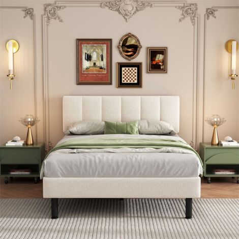 Fortuna Lai – Lit adulte 140x190 cm – Tissu Sherpa beige – Sommier à lattes robuste – Pieds en fer – Design moderne et épuré (1/5)