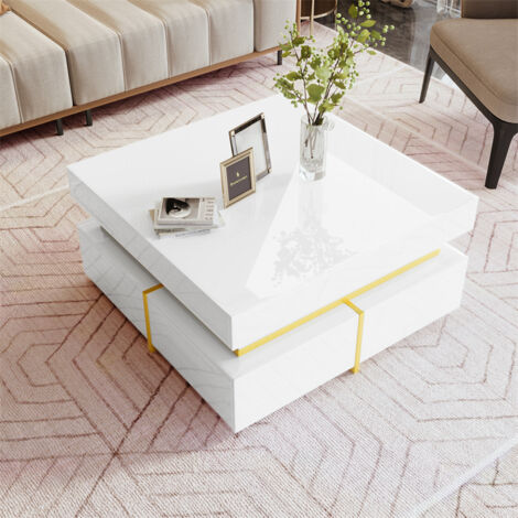Fortuna Lai – Table basse fixe carrée 70x70cm – Haute brillance blanche avec tiroirs – Accents dorés – Design moderne pour salon (1/5)