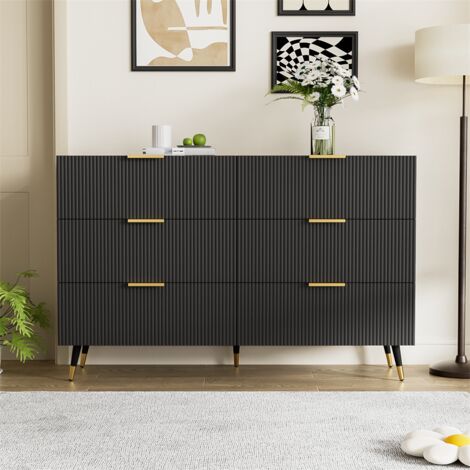 Fortuna Lai – Commode 120x77x40cm – Buffet à 6 tiroirs noir et doré – Design moderne avec poignées dorées – Rangement pratique pour salon, chambre (1/5)