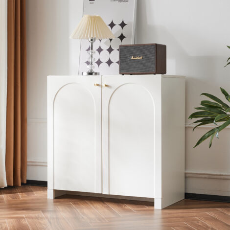 Fortuna Lai – Buffet 2 portes blanc crème – Dimensions 80x40x80cm – Panneaux de particules – Poignées dorées pour style élégant (1/5)