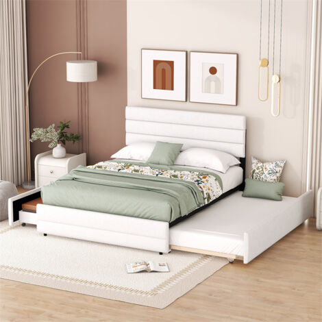 Fortuna Lai – Lit gigogne extensible 140 x 200 cm et 90 x 190 cm – 2 tiroirs de rangement – Sommier à lattes – Lin et MDF – Hauteur ajustable (1/5)