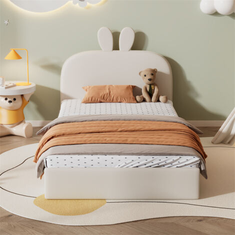 Fortuna Lai – Lit simple enfant 90x200 cm – Lit rembourré velours beige – Tête de lit oreille de lapin – Sommier à lattes bois – Confort optimal (1/5)