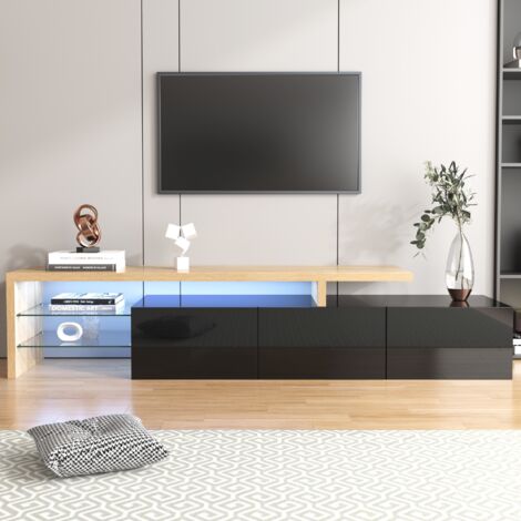 Fortuna Lai – Meuble TV moderne 198 x 40 x 42 cm – Éclairage LED intégré – Rangement XXL avec étagères en verre – Finition bois laqué noir (1/5)