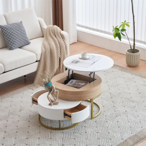 Fortuna Lai – Lot de 2 tables basses gigognes – Grande table avec plateau relevable – Petite table avec 2 tiroirs – MDF blanc – Dimensions 70x70cm et 60x60cm (1/4)