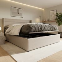 Fortuna Lai – Lit coffre 160x200 cm avec rangement – Structure métallique – Revêtement lin beige – Charge maximale 300 kg – Mécanisme de levage à gaz