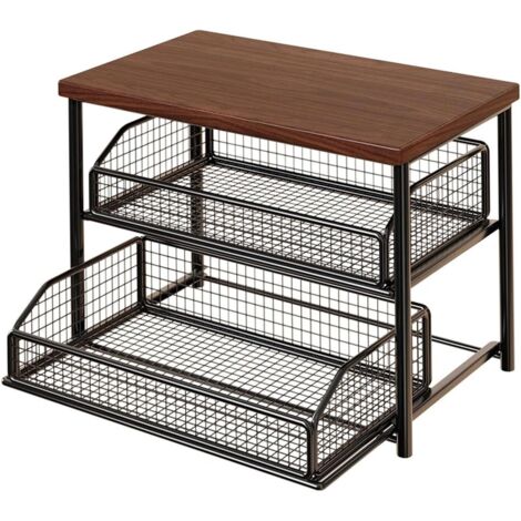 Organisateur de Station Café 2 Étages avec Tiroir, Étagère de Comptoir en Métal et Bois, Organisateur Multifonction pour Tasses
