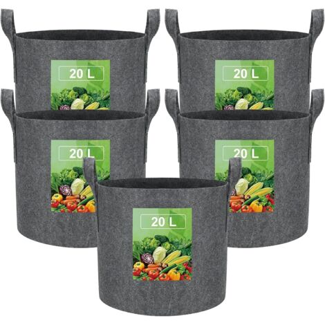 20L Sac de Plantation Terre en Tissu avec Poignée,Sacs de Culture de Plantes Réutilisable pour Cultiver Pommes Terre,Tomates,Légumes,Fleurs,Un Pot de Jardin Épaissi et Aéré,5pcs Gris (1/5)