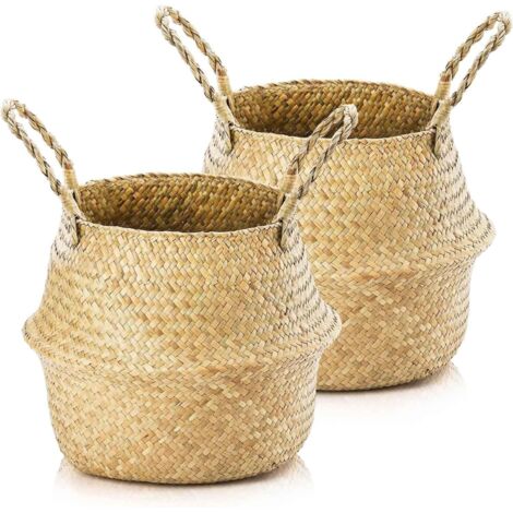 Lot de 2 cache-pots en jonc de mer, panier de rangement rond en jonc de mer avec poignée, panier tissé en nature, cache-pot, panier pliable pour rangement de couvertures, plantes, jouets (M