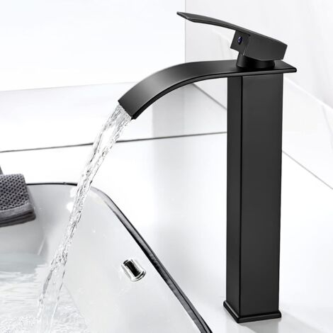 Robinet Salle de Bain Cascade, Moderne Robinet Lavabo Noir, Mitigeur Lavabo avec bec Hauteur 232 mm, Robinetterie Carré en Laiton Eau Chaude et Froide Disponible G 3/8 (1/5)