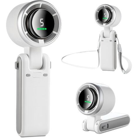 Mini ventilateur portable, utilisable comme ventilateur de poche, de bureau ou de cou, 5 vitesses de ventilation, idéal pour le camping, le bureau, etc. - Blanc (1/4)