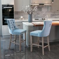 Contemporary Velvet Upholstered Barstools with Button Tufted Decoration, Wooden Legs, and Chrome Nailhead Trim, Leisure Style Bar Chairs/Bar Stools, Set of 2 (Light Blue), DE2002LB