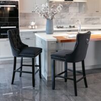 Contemporary Velvet Upholstered Barstools with Button Tufted Decoration and Wooden Legs, and Chrome Nailhead Trim, Leisure Style Bar Chairs,Bar stools, Set of 2 (Black),DE2002BK