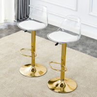 Set of 2 Height-Adjustable Bar Stools: Transparent backrest + gold-colored metal legs, height adjustable from 82-104 cm, 360° swivel seat.