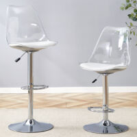 Modern adjustable Set of two bar stools with transparent plastic backs and PU leather seats, silver-colored metal legs. Height adjustable and 360° swivel, suitable for kitchens and bistros.
