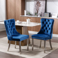 Nikki Collection Modern, High-end Tufted Solid Wood Contemporary Velvet Upholstered Dining Chair with Chrome Stainless Steel Plating Legs,Nailhead Trim,Set of 2,Blue and Chrome, DE1701BL
