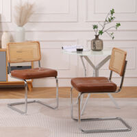 Medieval modern dining chairs, one set 2-piece rattan dining chairs with soft padded faux leather elements, armless mesh backrest, metal chrome legs (brown)
