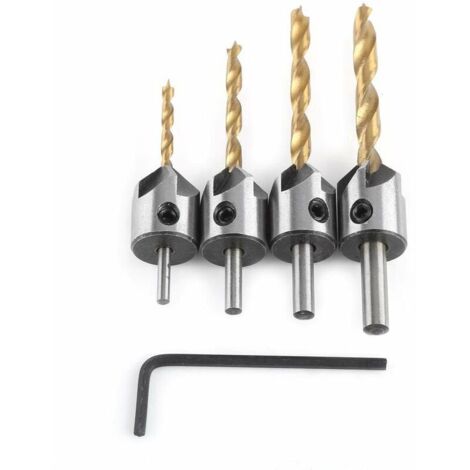 Chanfrein, Jeu de Forets à Chanfreiner Alésoir de Menuiserie, Countersink Mèche Foret avec Clé Hexagonale(4pcs,3-6mm) (1/3)