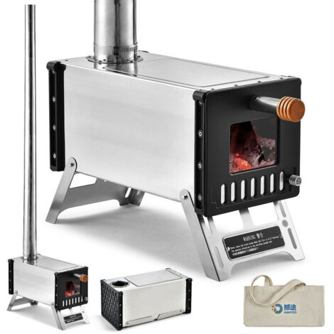 Poêle à bois de tente en acier inoxydable avec tuyaux de cheminée Poêle à bois de camping portable pour camping chauffage cuisson (argent)