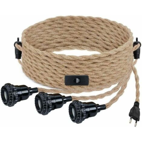 Suspension DIY avec corde de chanvre, cable textile, lampe suspendue 3×E27 avec interrupteur et fiche, lampe rétro 9 mètres de cable, lampe pour table à manger, café, salon, chambre à coucher [Classe