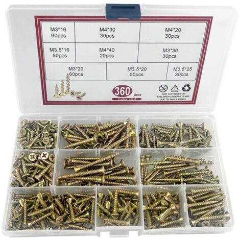 360 Pièces Vis à Bois Autotaraudeuses, Zingué Jaune Extra Fort, Vis Autoperceuses à Empreinte Cruciforme Pozidriv, Vis à Tête Plate Croisée, vis pour panneaux d'aggloméré,M3/M3.5/M4