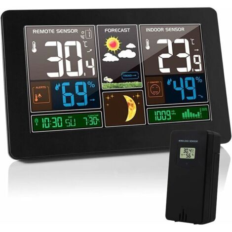 Station Météo Thermomètre Hygromètre Baromètre Intérieur Extérieur avec Capteur LED Ecran, Rétro-éclairage Horloge Numérique Affichage Heure Date Jour Phase de Lune (Noir)