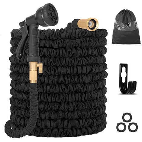 Tuyau d'arrosage extensible jusqu'à 30 m avec pistolet 8 fonctions, raccords en laiton, support de tuyau, sac de rangement (noir) (1/5)