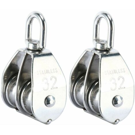 Lot de 2 poulies doubles en acier inoxydable 304 crochet pivotant pour grue double poulie chargement de rouleaux (M32)