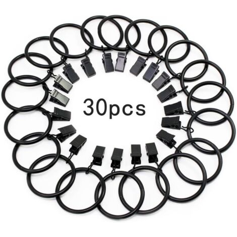 30 Pièces Anneaux de Rideaux, avec Métal Pince, Robuste, Antirouille, pour Tringle à Rideaux, 32mm Diamètre Intérieur (Noir)